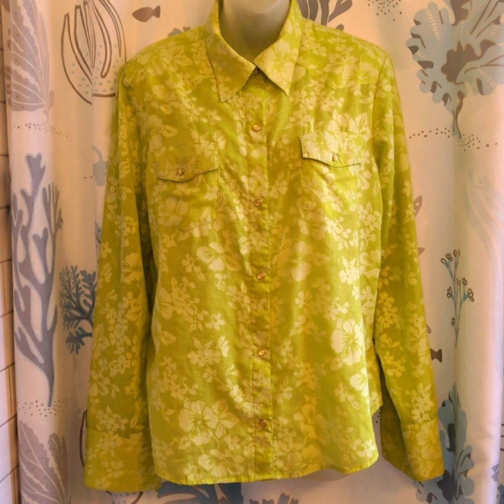 2 for $20 Gap Green Floral Sheer Western Shirt w/Pearl Buttons Sz L